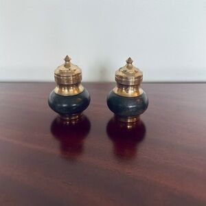 Brass & Wood Salt and Pepper Shakers Vintage Mid Century Light Patina